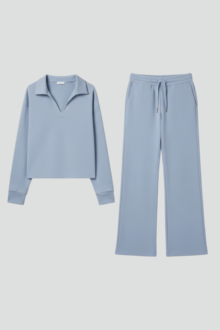 Women's Two-Piece Set with V-Neck Top and Wide-Leg Trousers in Light Blue | Roselva