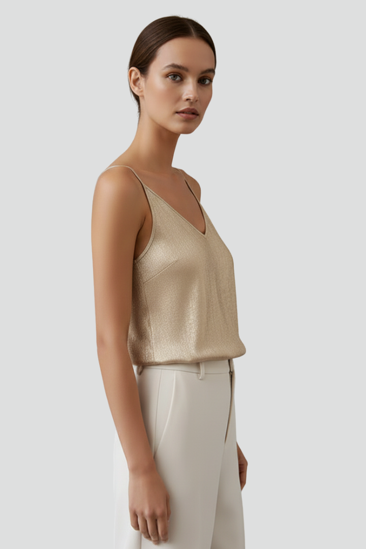 Women's V-Neck Top with Thin Straps in Gold - View 5.0 | Roselva