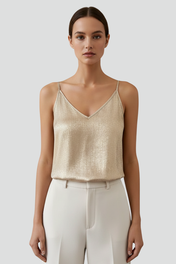 Women's V-Neck Top with Thin Straps in Gold - View 4.0 | Roselva