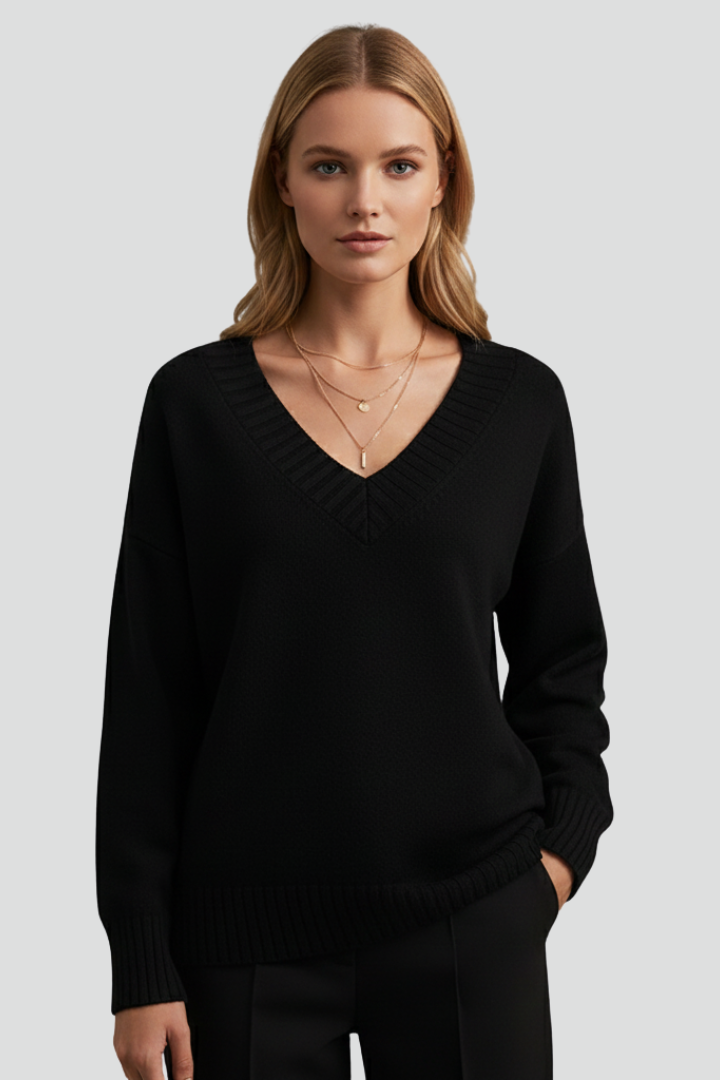 Women's V-Neck Sweater with Long Sleeves in Black - View 2.0 | Roselva