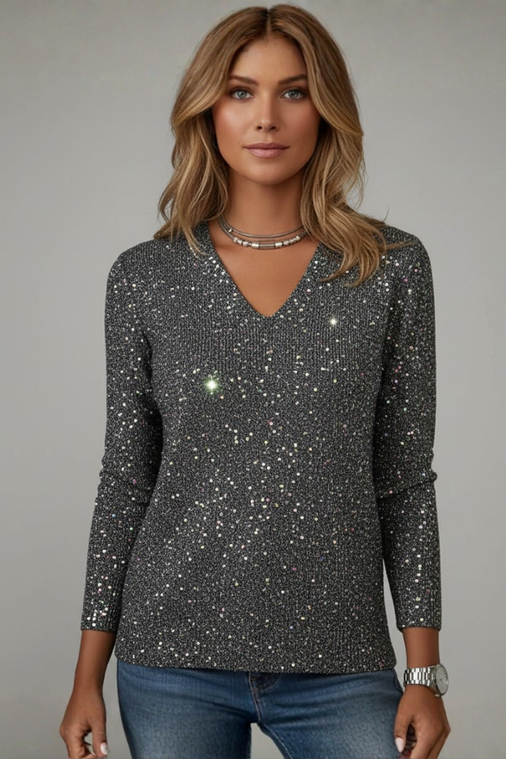 Women's V-Neck Sequin Sweater in Silver - View 7.0 | Roselva