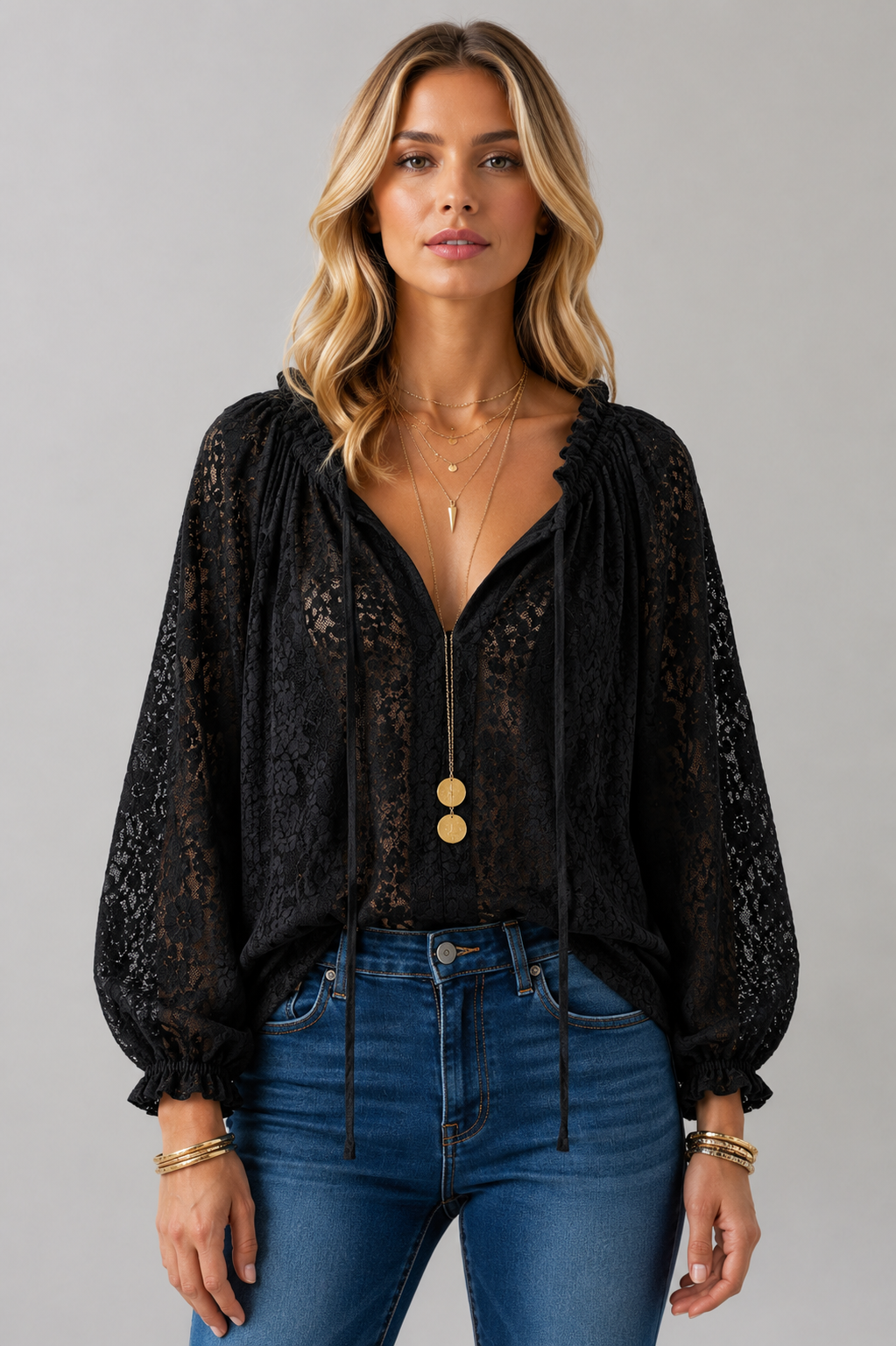 Women's Blouse with Lace Detail and Tied Neckline