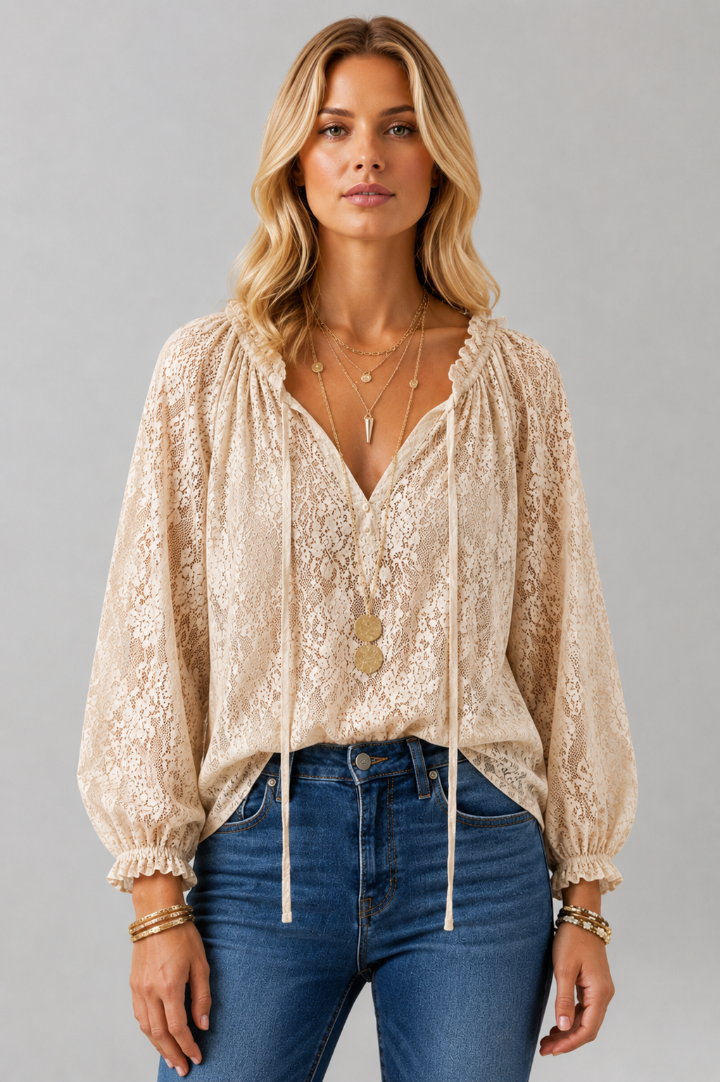 Women's Blouse with Lace Detail and Tied Neckline