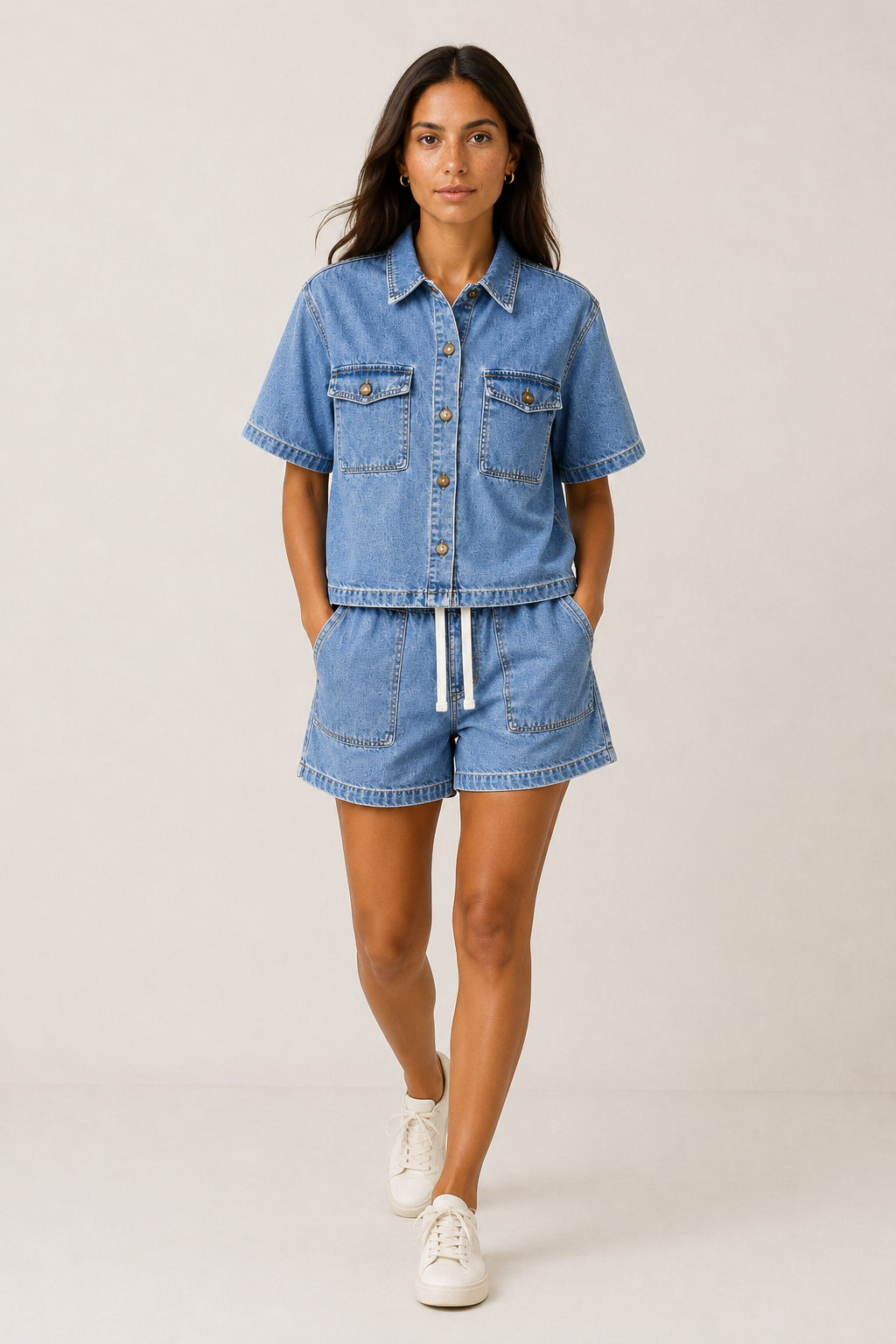 Women's Denim Set with Short Sleeves and Shorts
