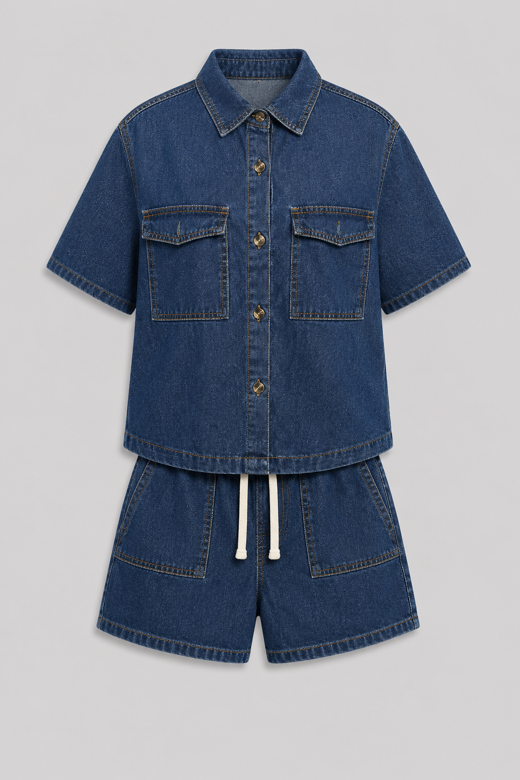Women's Denim Set with Short Sleeves and Shorts