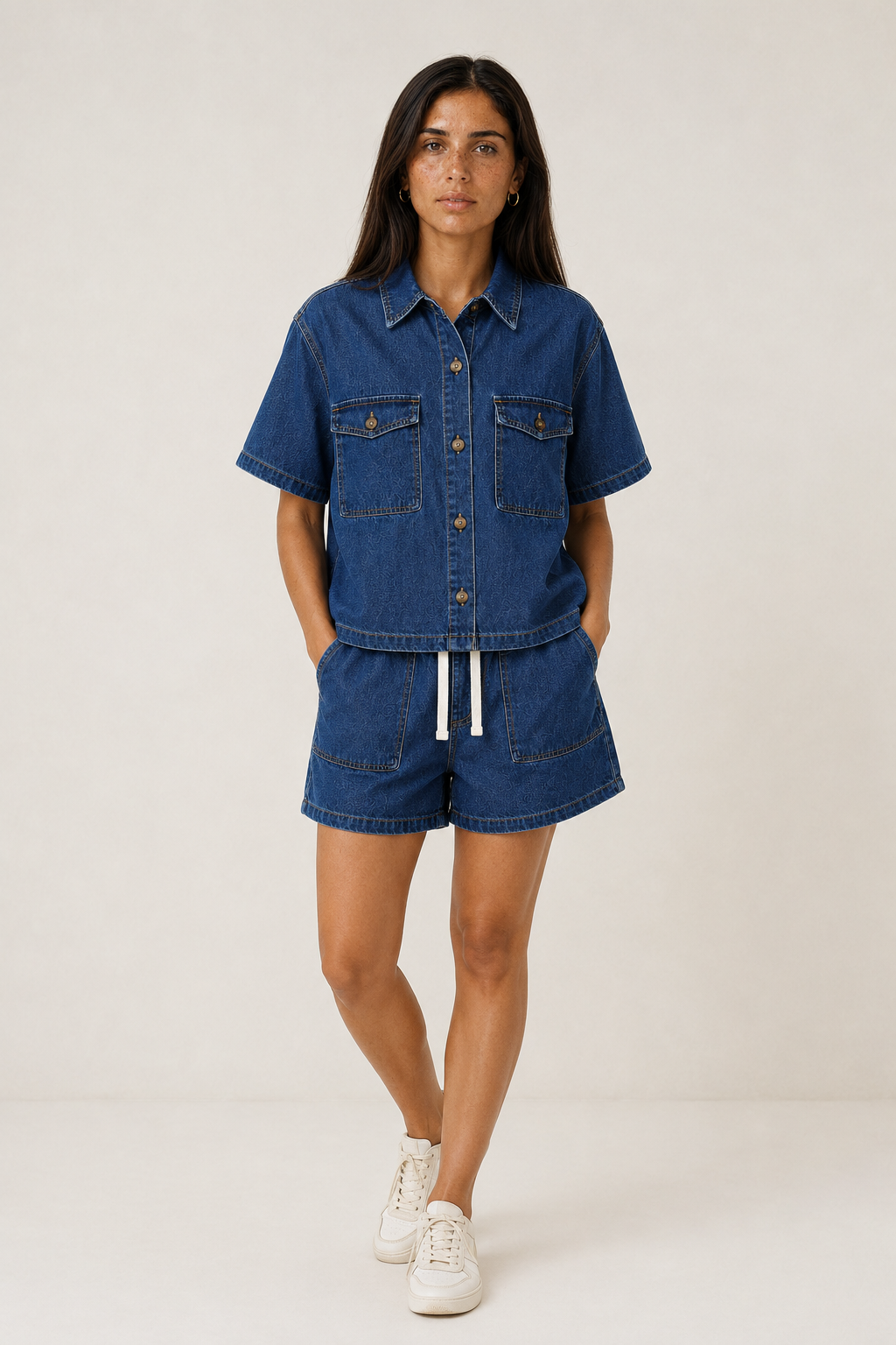 Women's Denim Set with Short Sleeves and Shorts