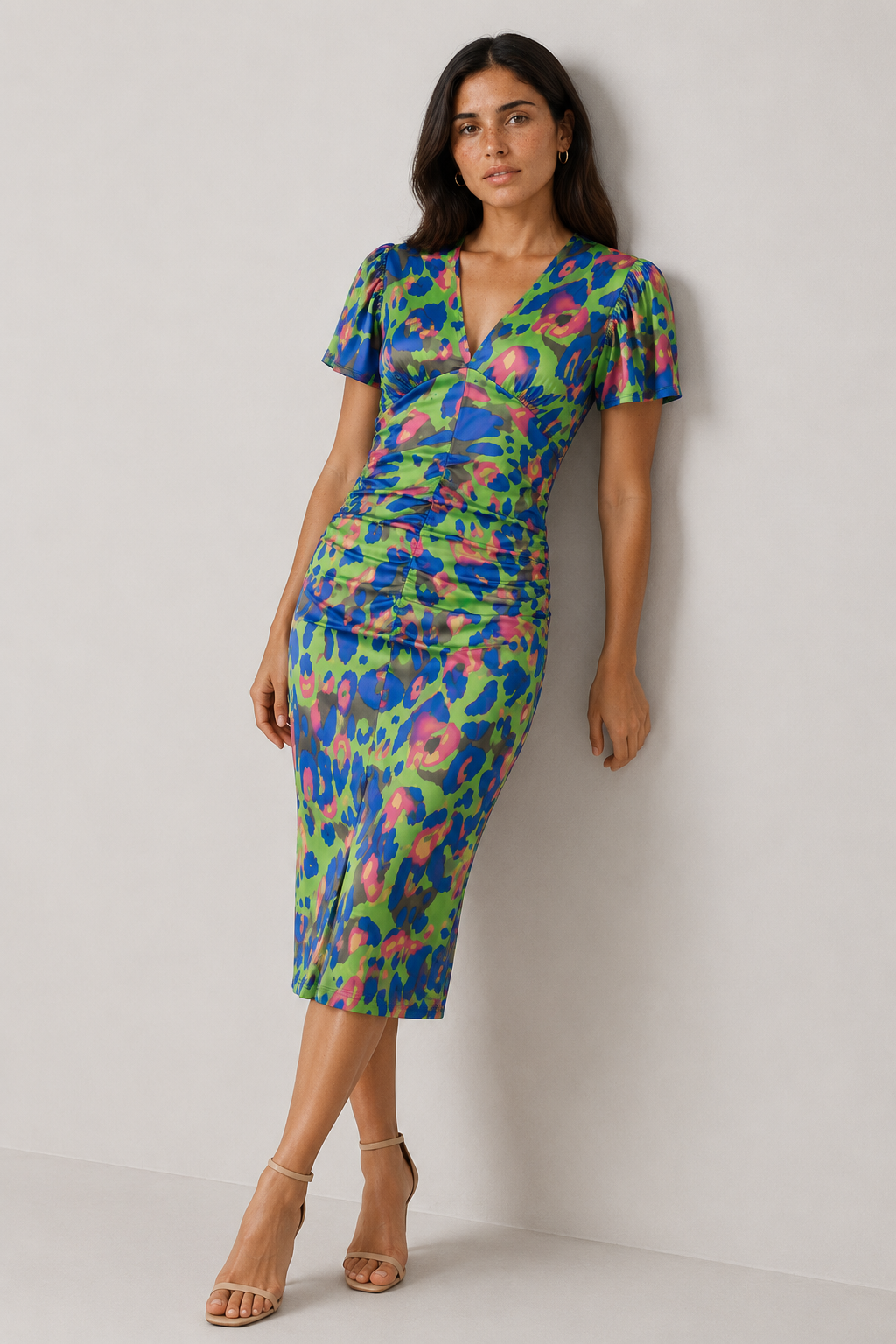 Women's Midi Dress with Puff Sleeves and Gathered Waist