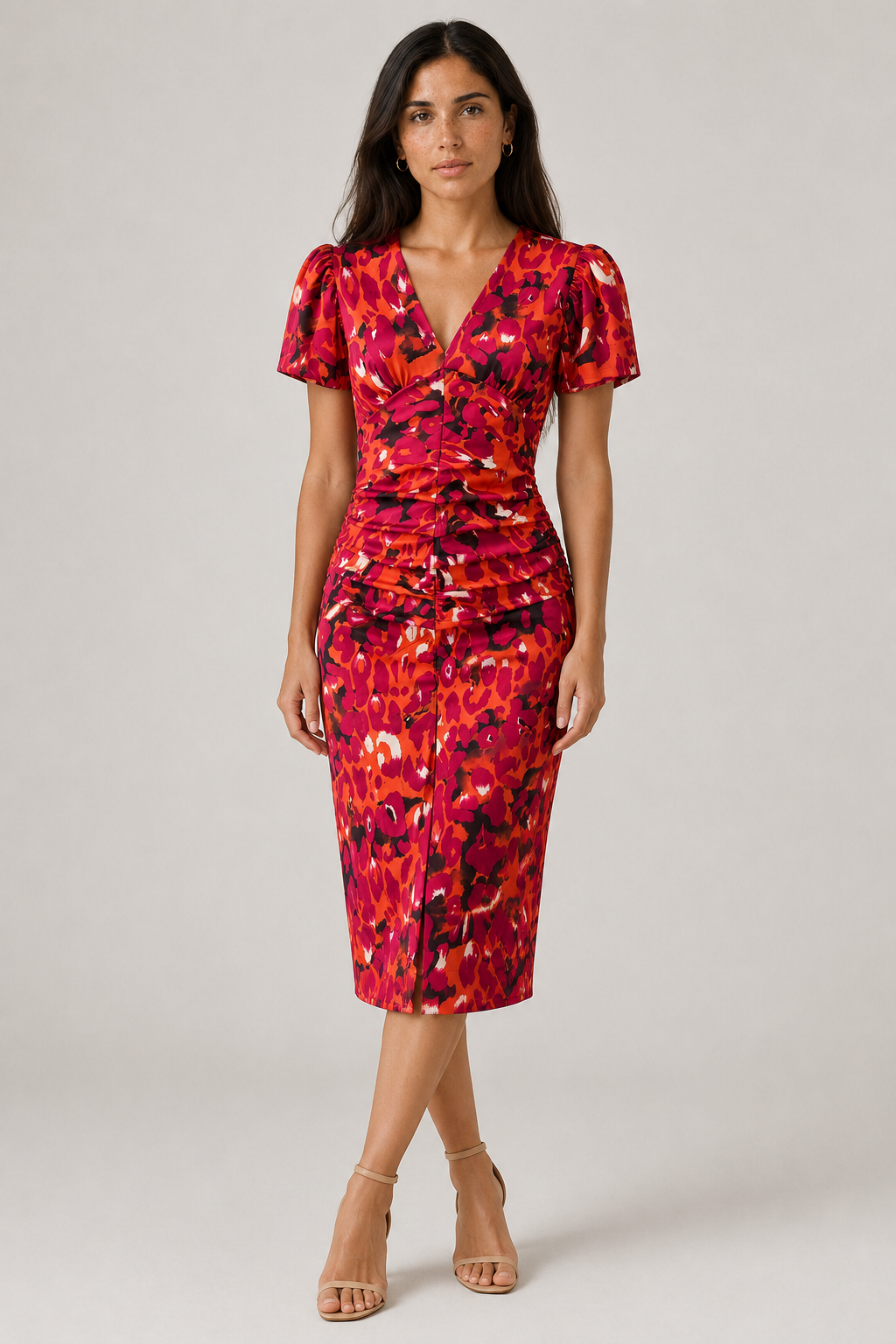 Women's Midi Dress with Puff Sleeves and Gathered Waist