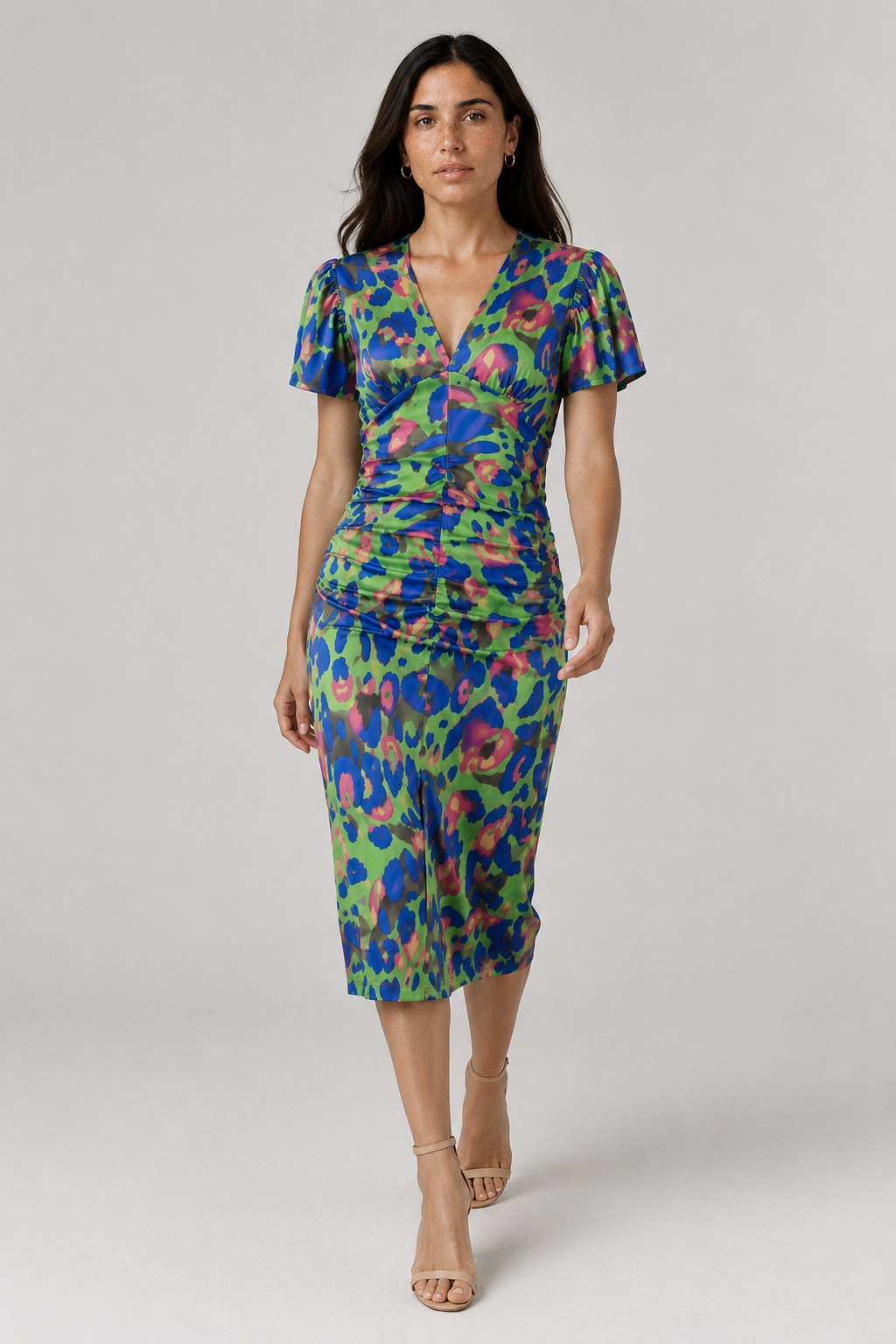 Women's Midi Dress with Puff Sleeves and Gathered Waist