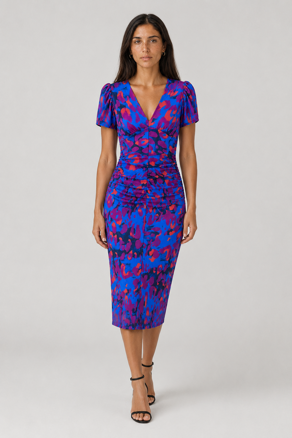 Women's Midi Dress with Puff Sleeves and Gathered Waist
