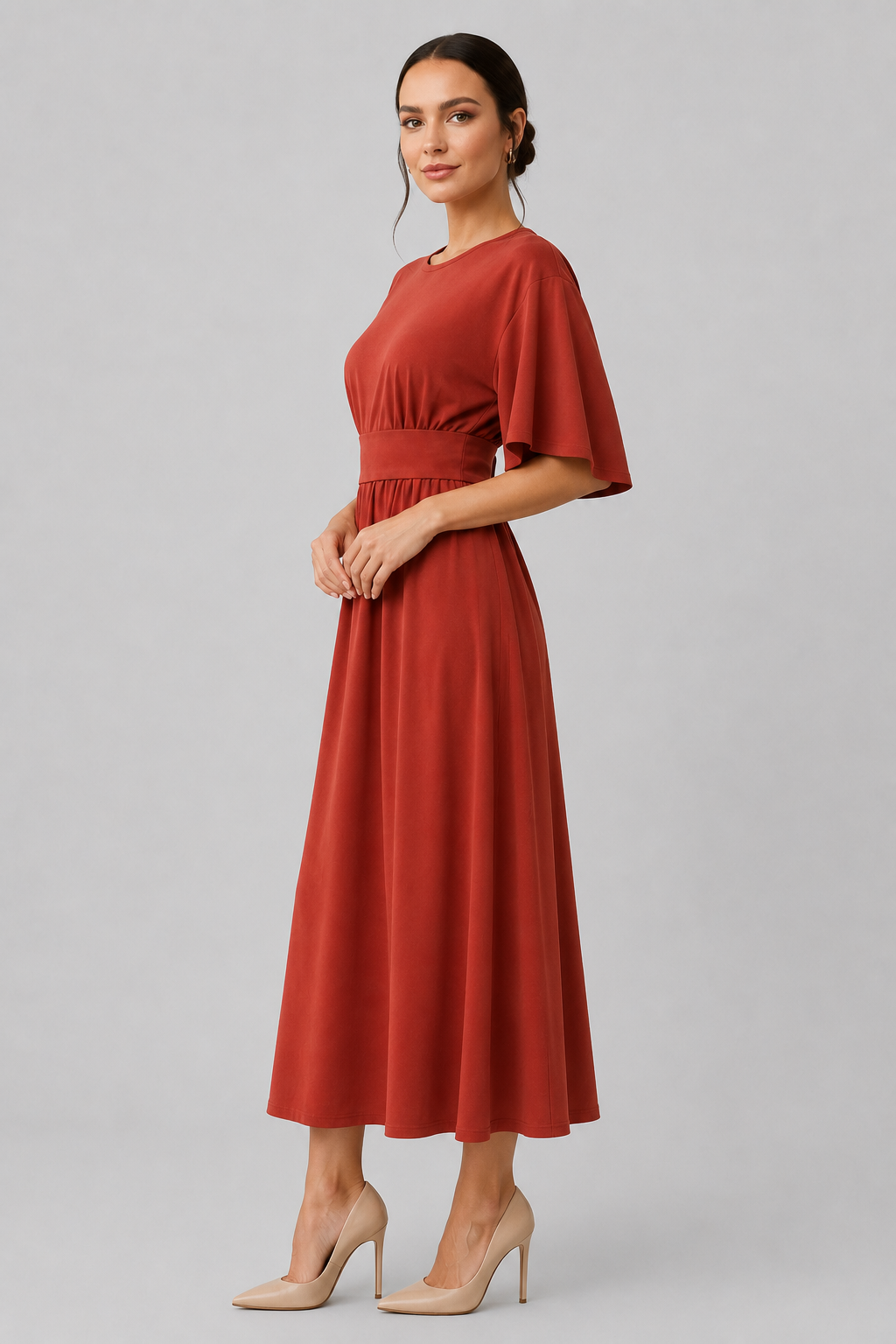 Women's Midi Dress with Wide Sleeves and Waist Belt
