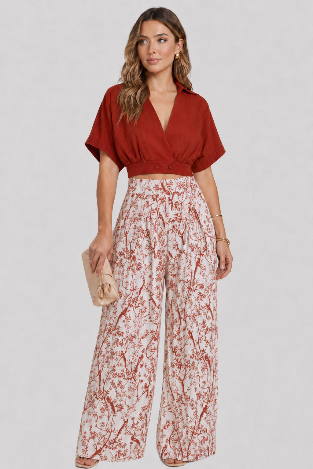 Women's Two-Piece Set with V-Neck Top and Wide Leg Trousers