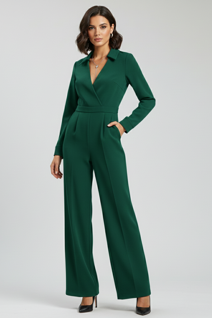 Women's Jumpsuit with Shirt Collar and Wide Legs in Black - View 7.0 | Roselva
