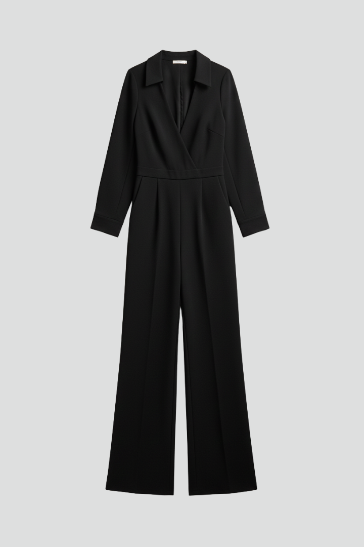 Women's Jumpsuit with Shirt Collar and Wide Legs in Black | Roselva