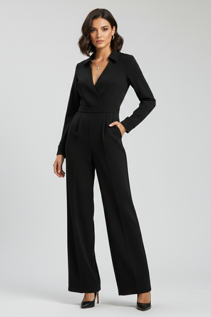 Women's Jumpsuit with Shirt Collar and Wide Legs in Black - View 2.0 | Roselva