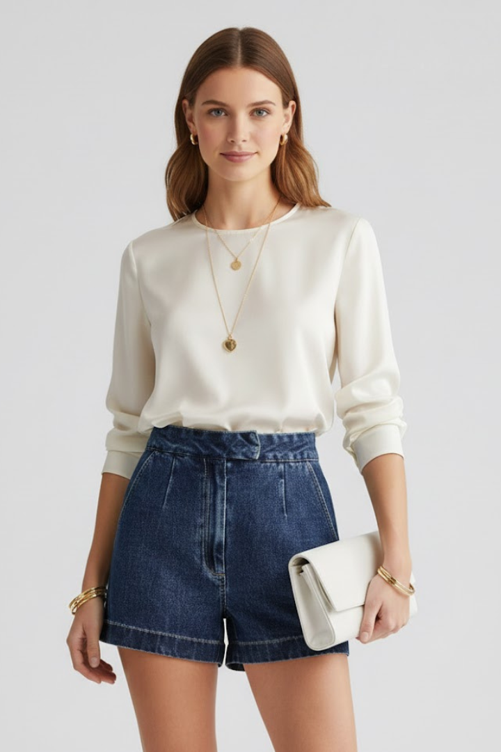 Women's High-Waisted Shorts with Cuffed Hem in Blue - View 2.0 | Roselva