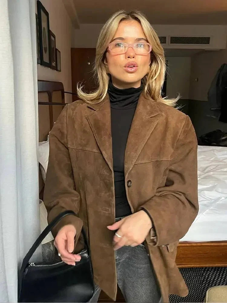Women's Oversized Blazer - Brown Suede-Look with Lapel Collar