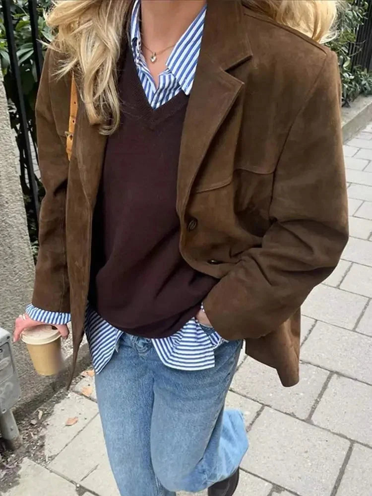 Women's Oversized Blazer - Brown Suede-Look with Lapel Collar