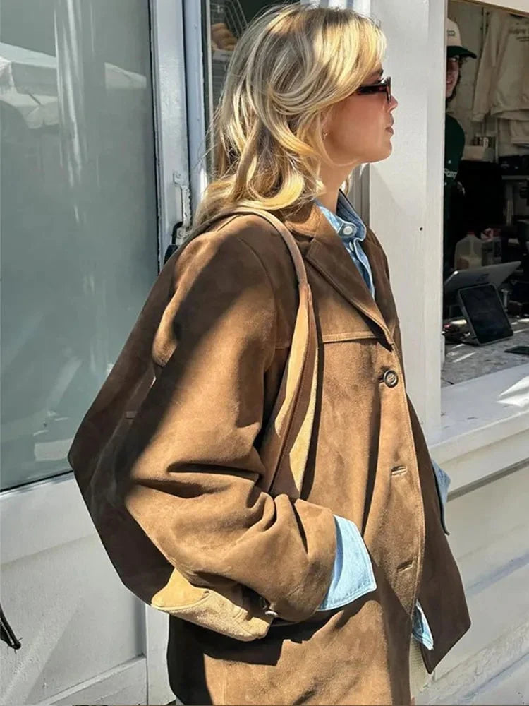 Women's Oversized Blazer - Brown Suede-Look with Lapel Collar