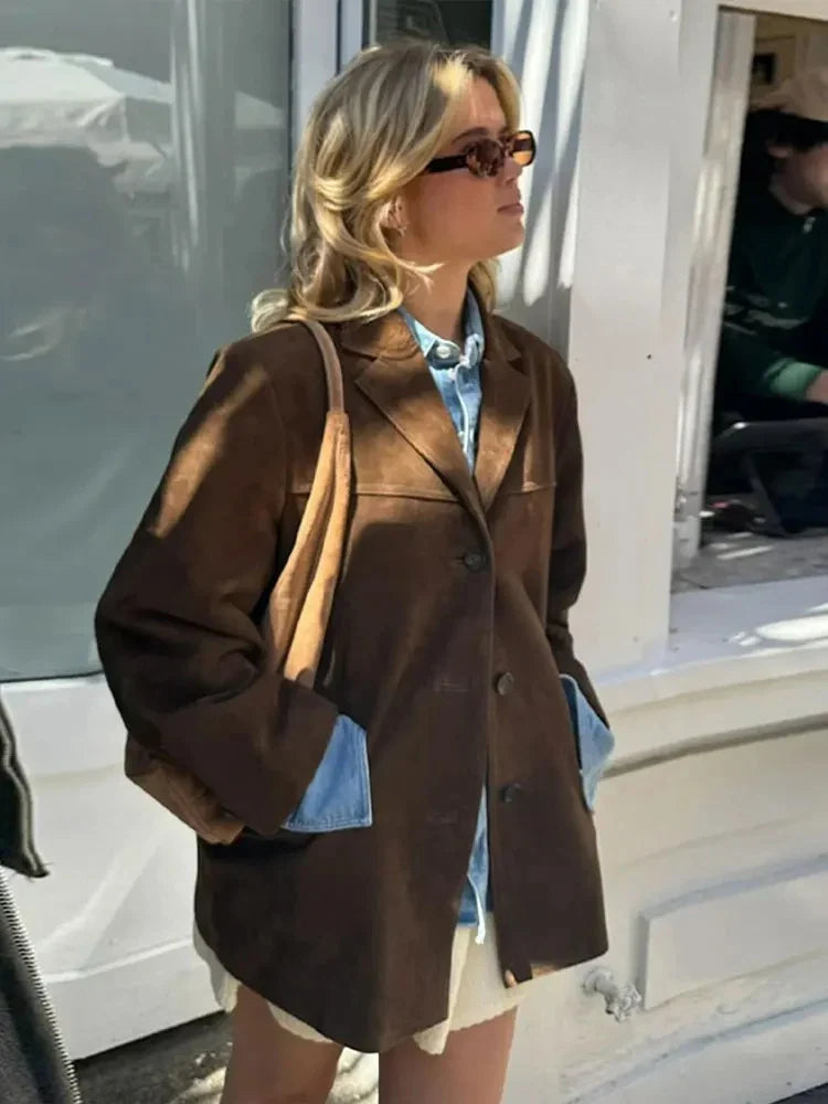 Women's Oversized Blazer - Brown Suede-Look with Lapel Collar