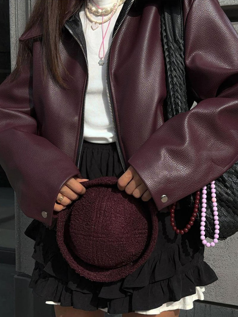 Women's Short Faux Leather Jacket with Zip and Collar