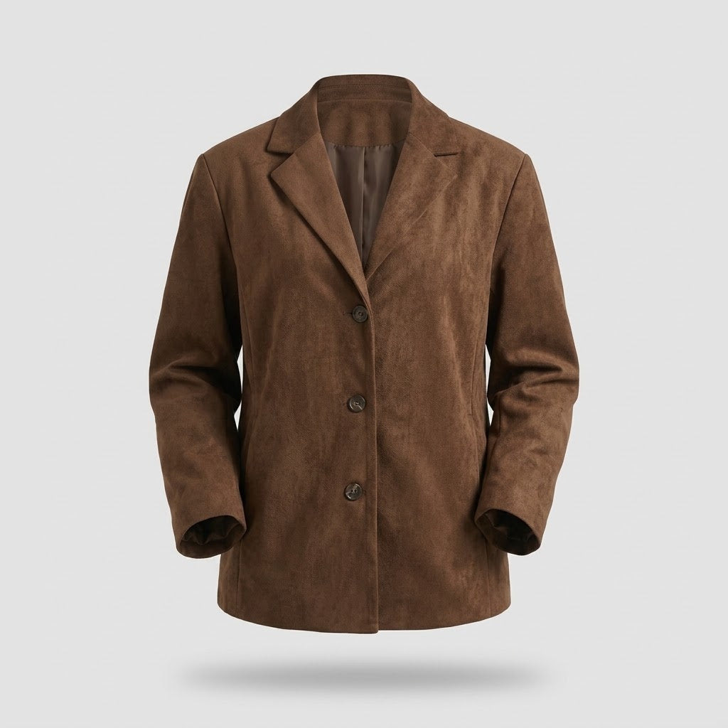 Women's Oversized Blazer - Brown Suede-Look with Lapel Collar