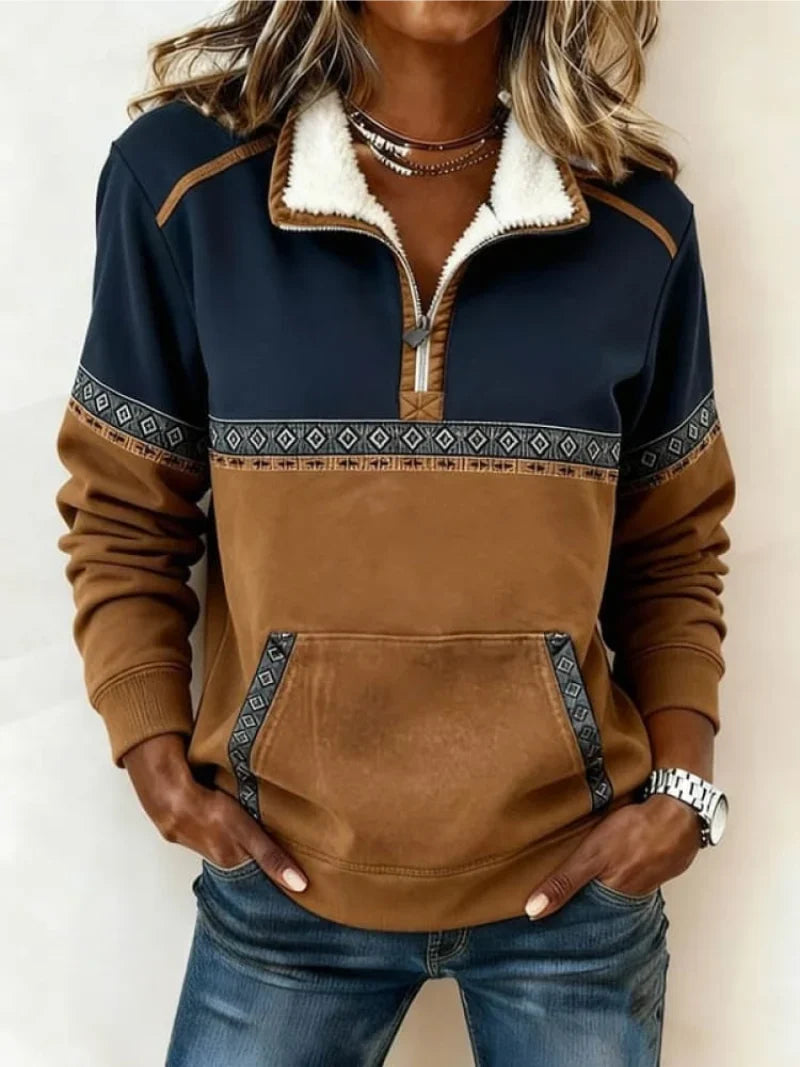 Women's Sweater - Half-Zip with Sherpa Collar, Cognac