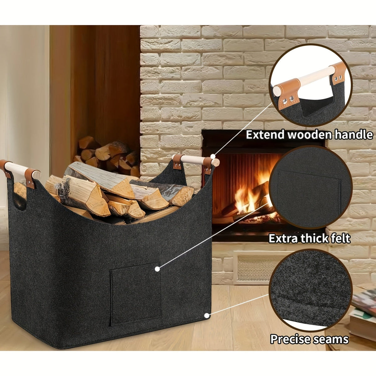 Foldable Large Felt Firewood Storage Basket - detail