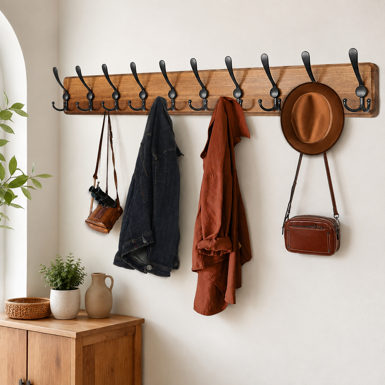 Wall-Mounted 10 Tri-Hook Solid Wood Coat Rack