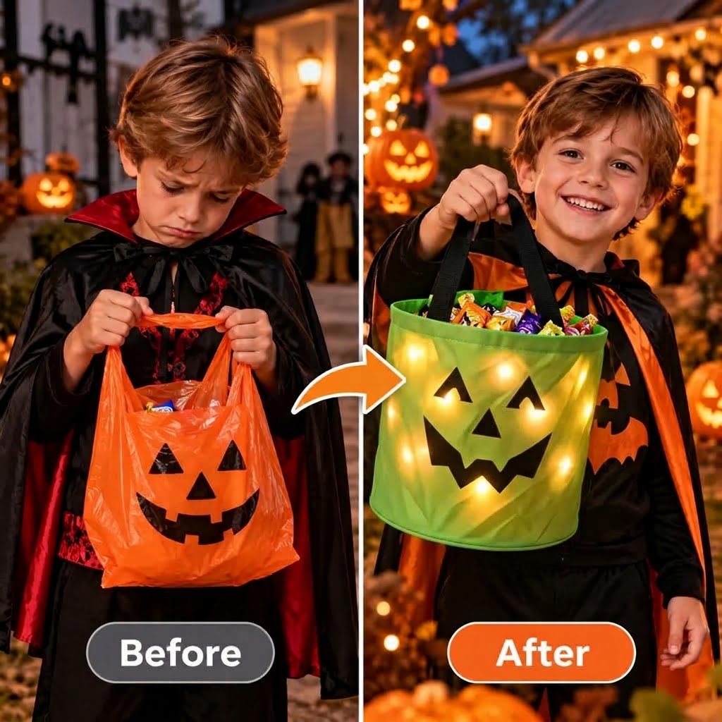 LED Pumpkin Candy Basket with Handle for Halloween