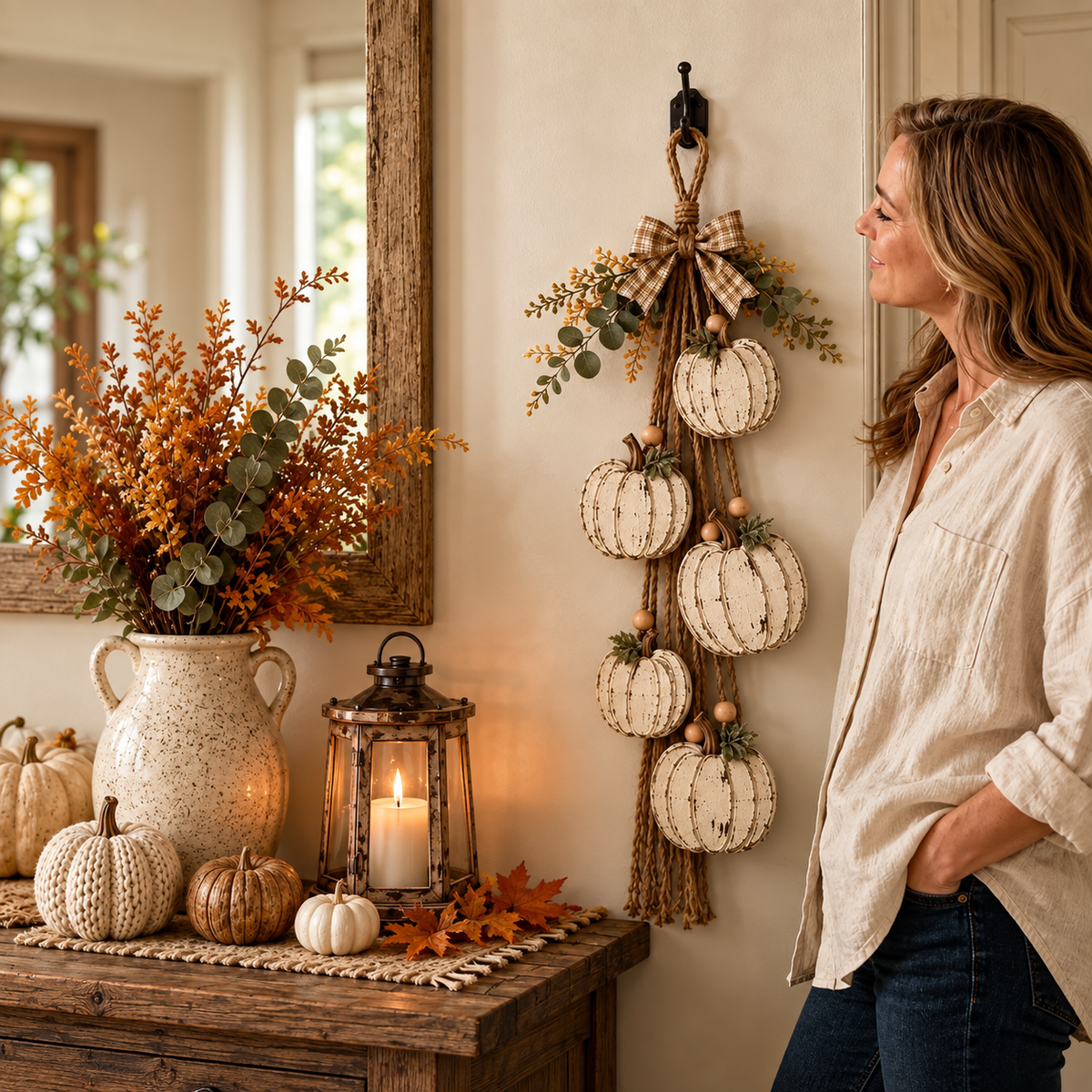 Wooden Pumpkin Door Hanger - 5-Piece Set with Plaid Bow