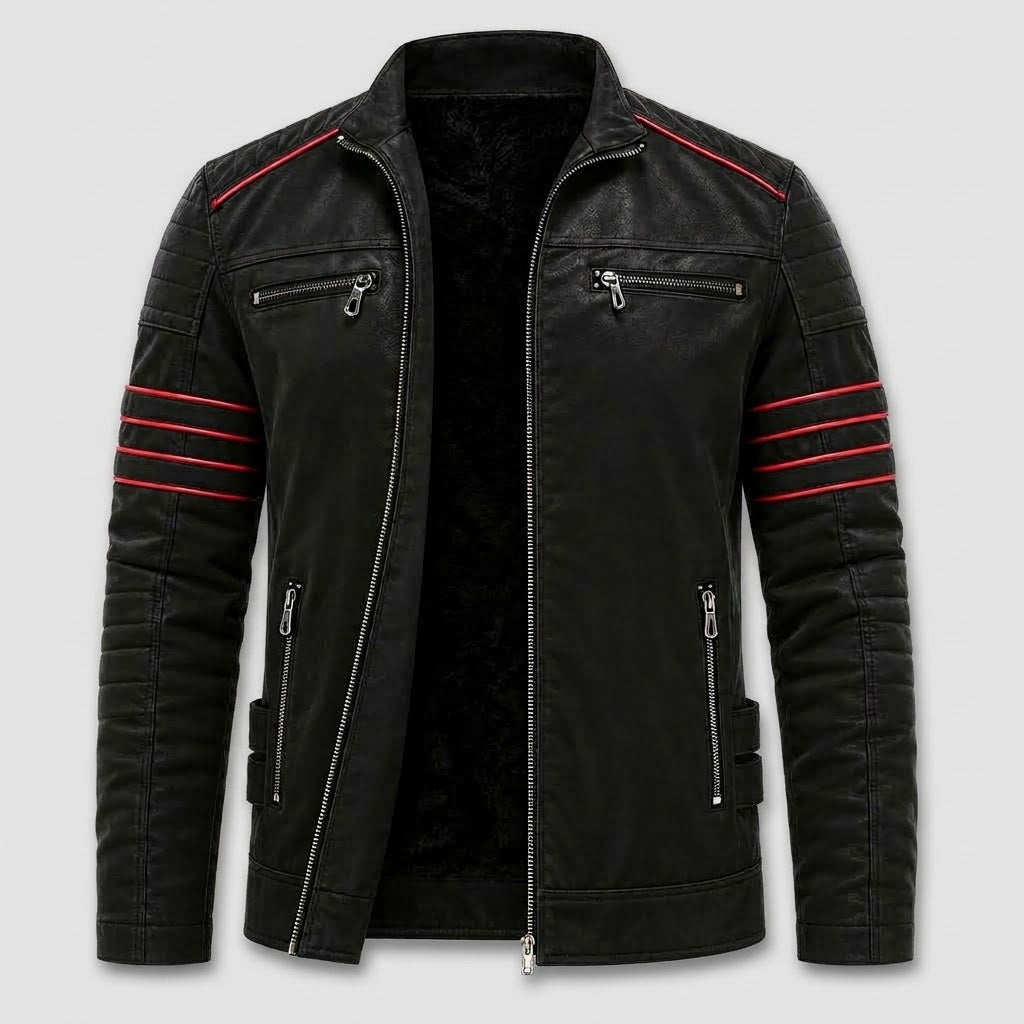 Men's Biker Jacket in Faux Leather with Contrast Stripe Detail