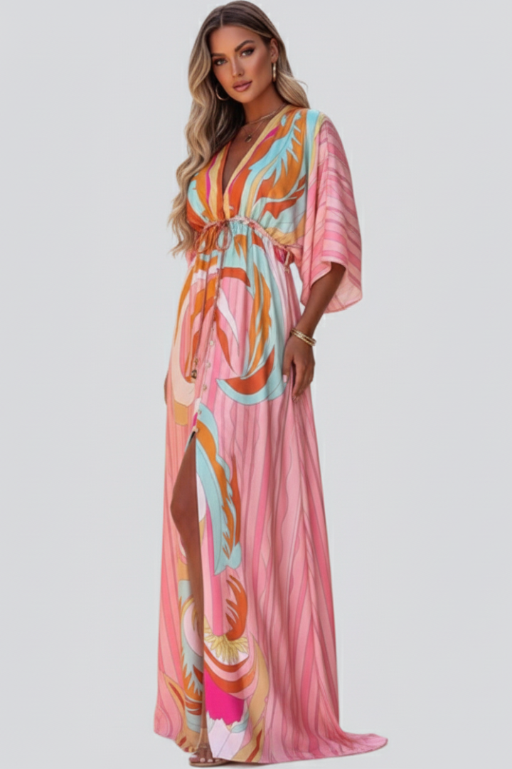 Women's Dress with V-Neck and Belt in Pink - View 4.0 | Roselva