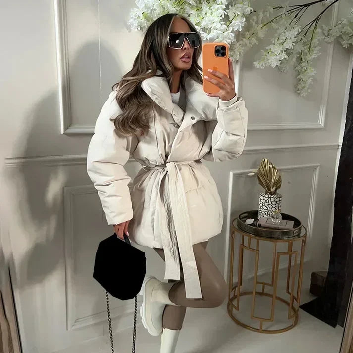 Women's Belted Puffer Coat with Stand Collar