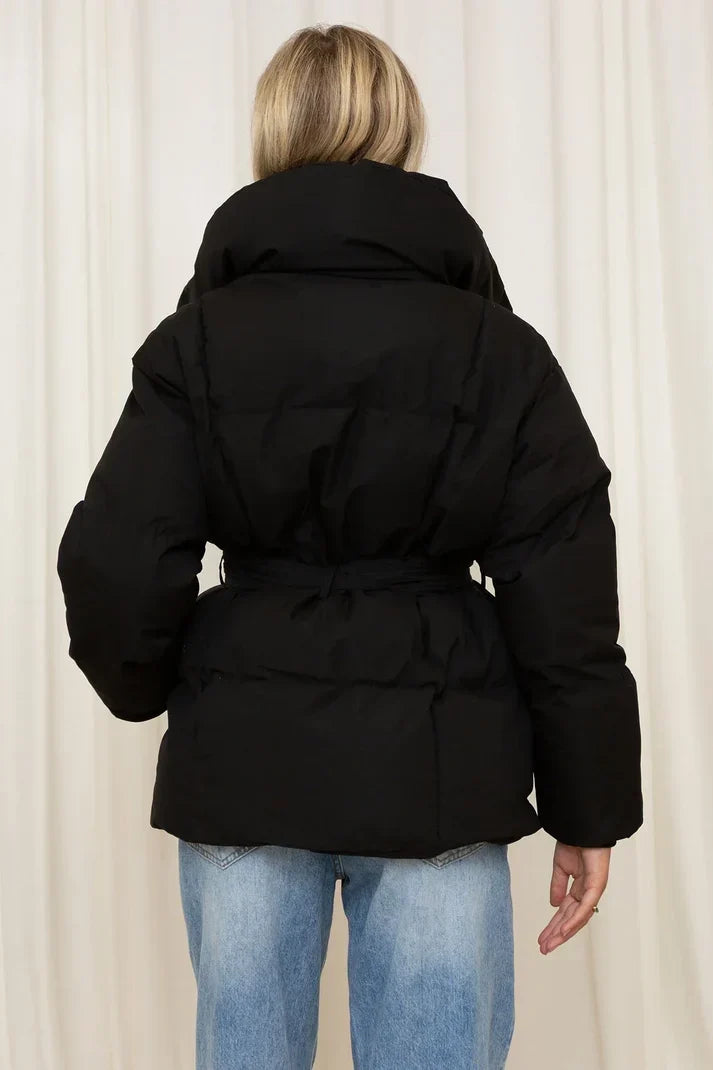 Women's Belted Puffer Coat with Stand Collar