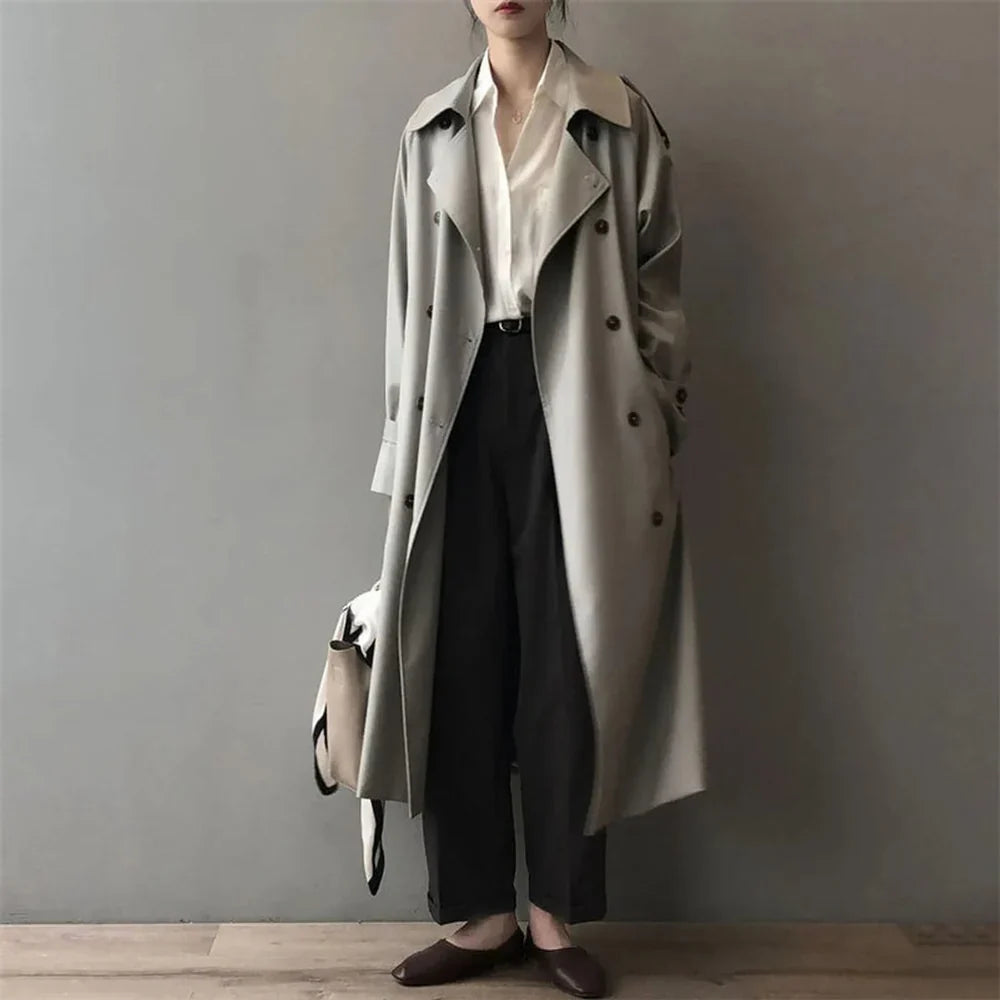 Women's Long Trench Coat with Lapel Collar