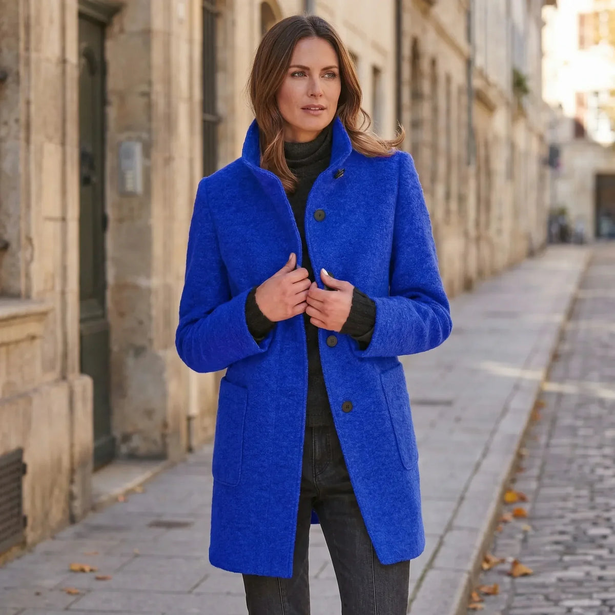 Women's Mid-Length Coat - Stand-Up Collar with Single-Breasted Buttons