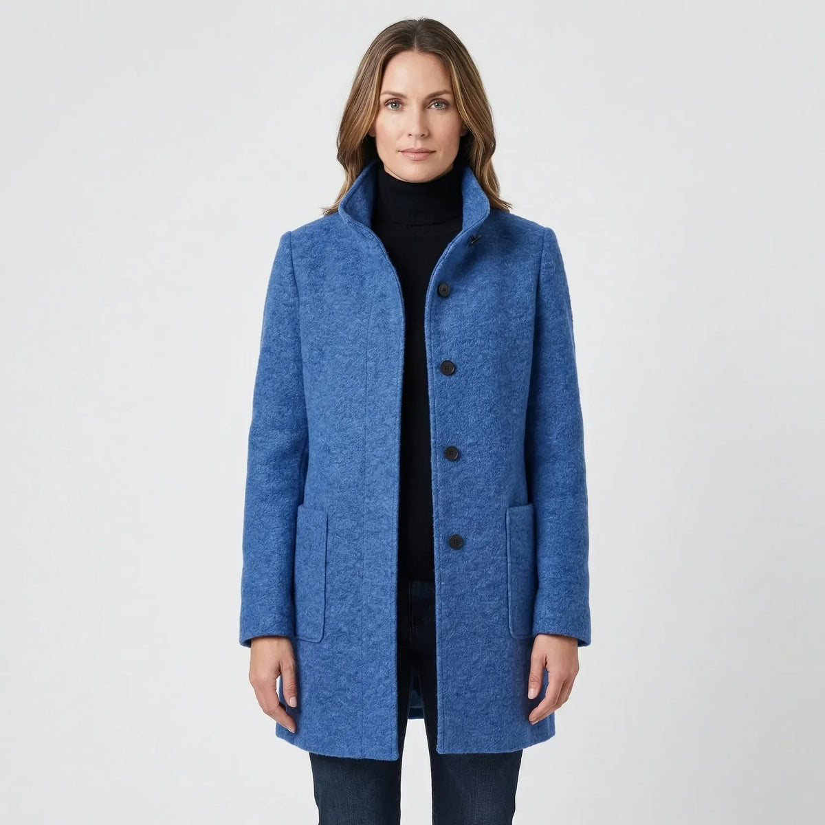 Women's Mid-Length Coat - Stand-Up Collar with Single-Breasted Buttons
