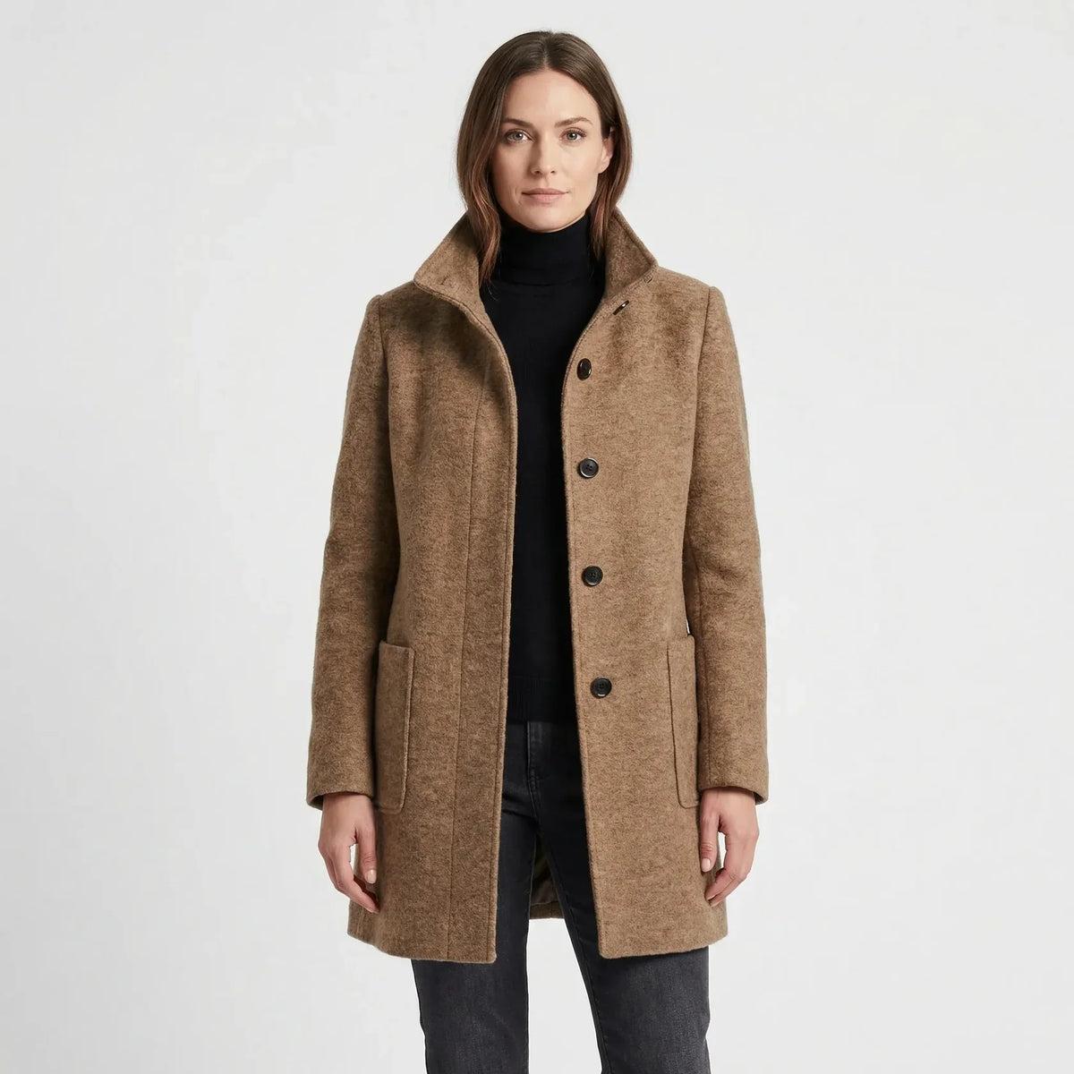 Women's Mid-Length Coat - Stand-Up Collar with Single-Breasted Buttons