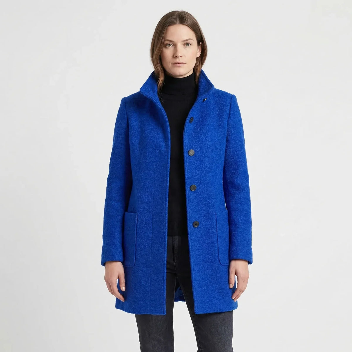 Women's Mid-Length Coat - Stand-Up Collar with Single-Breasted Buttons