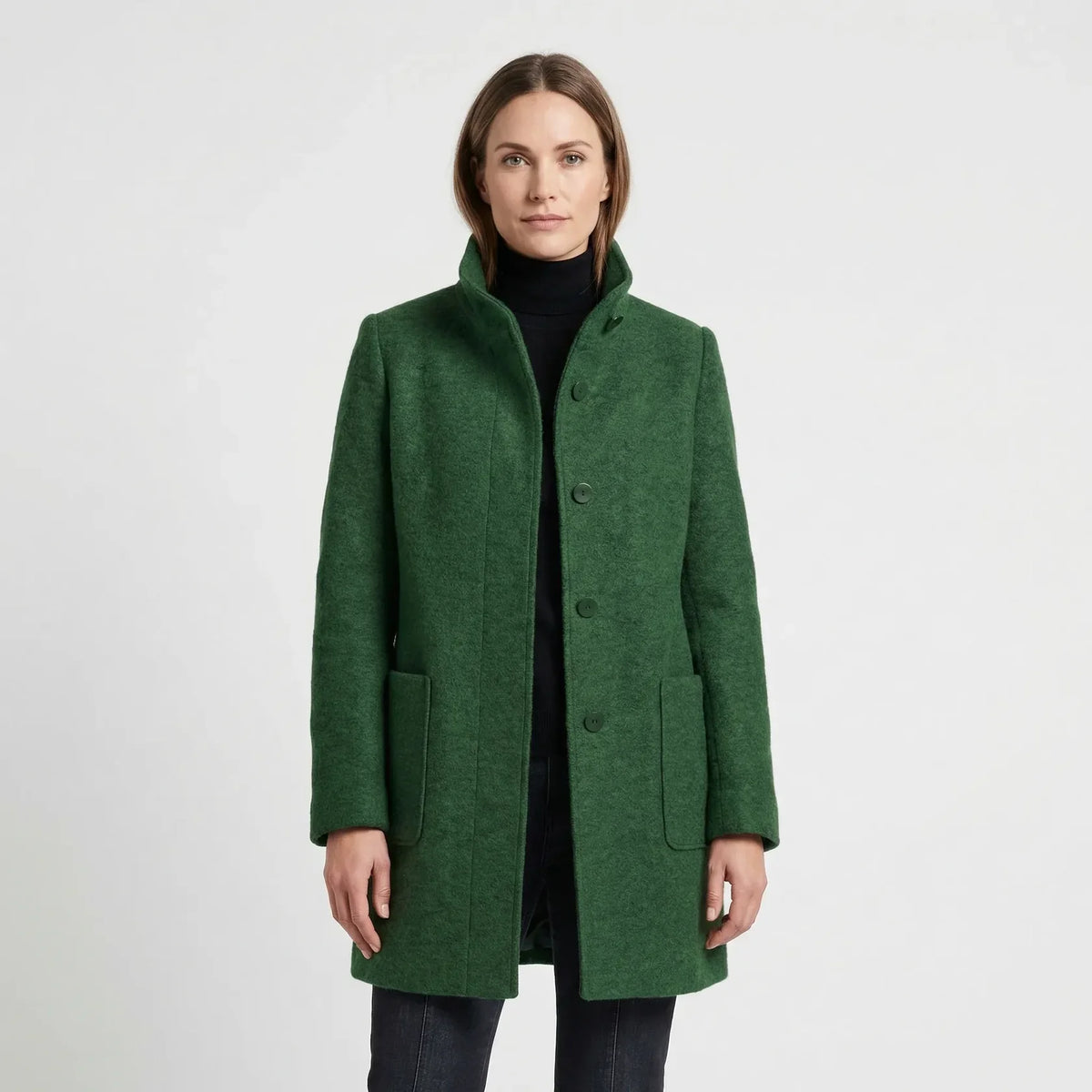Women's Mid-Length Coat - Stand-Up Collar with Single-Breasted Buttons