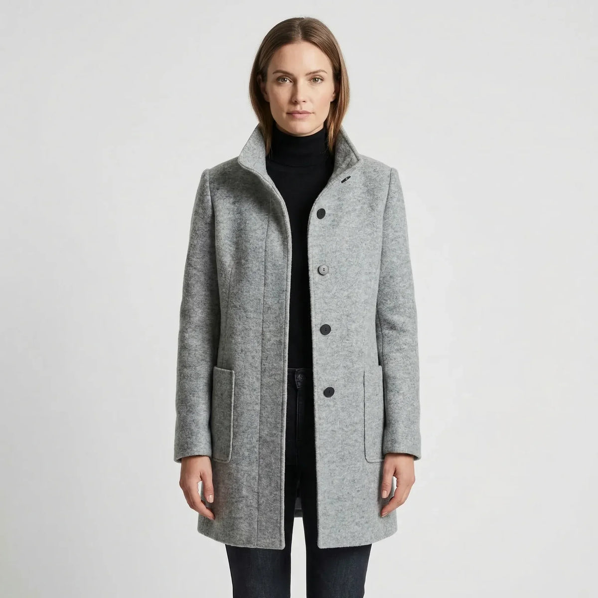 Women's Mid-Length Coat - Stand-Up Collar with Single-Breasted Buttons