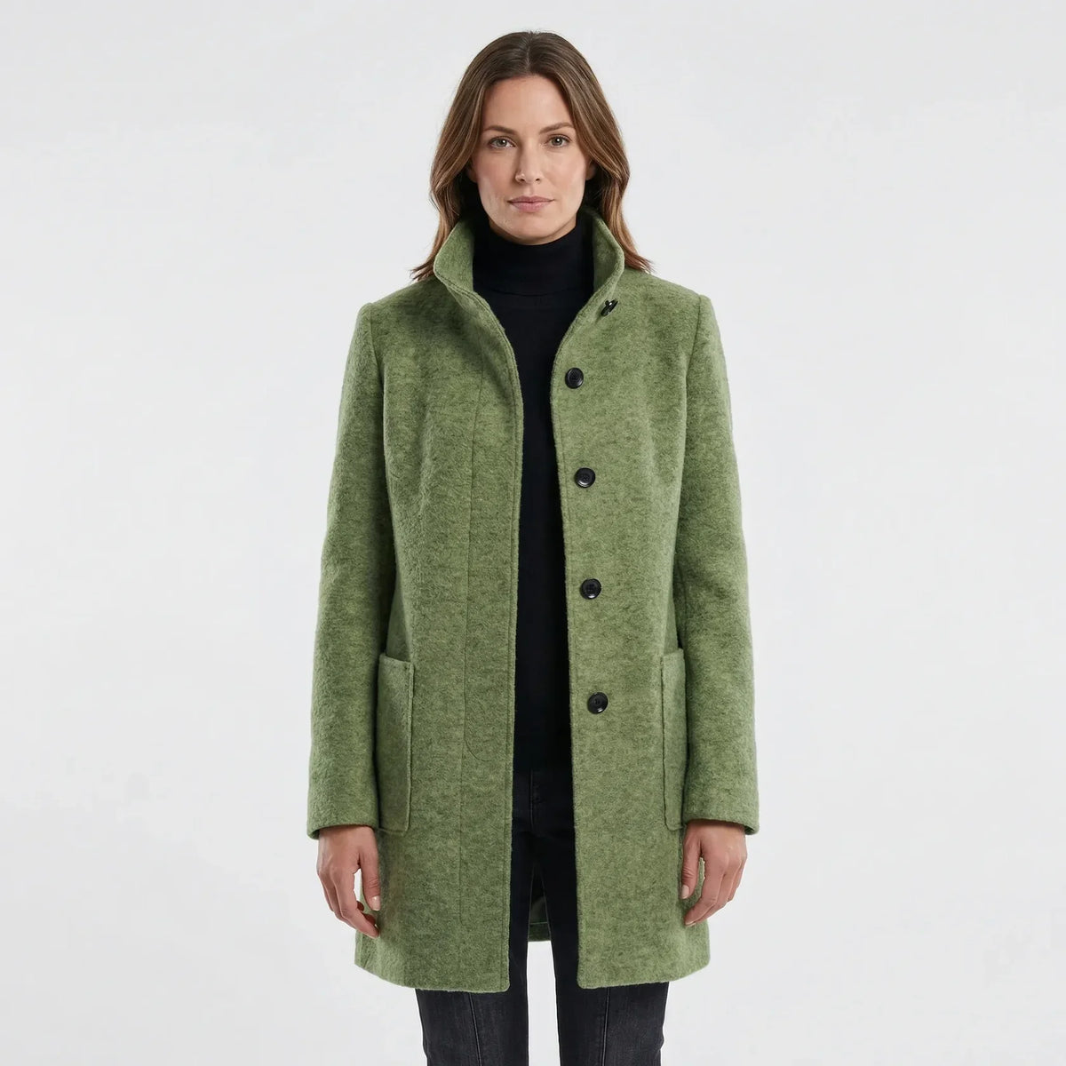 Women's Mid-Length Coat - Stand-Up Collar with Single-Breasted Buttons