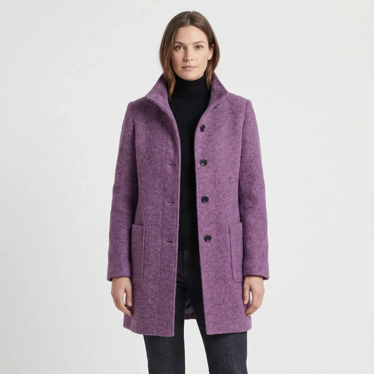 Women's Mid-Length Coat - Stand-Up Collar with Single-Breasted Buttons