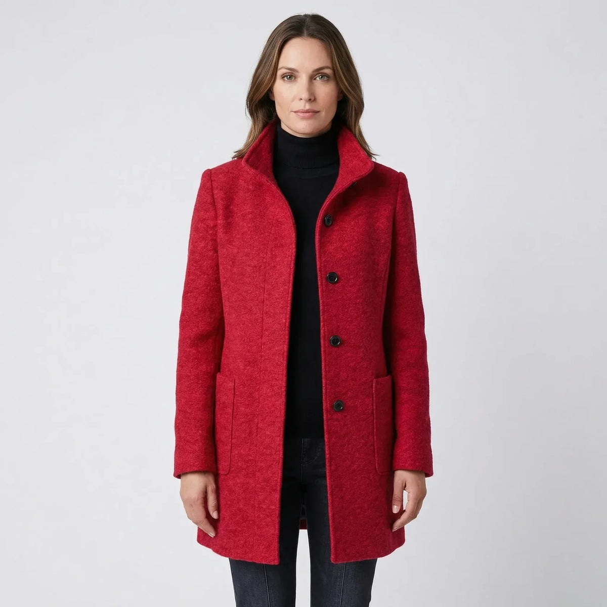 Women's Mid-Length Coat - Stand-Up Collar with Single-Breasted Buttons