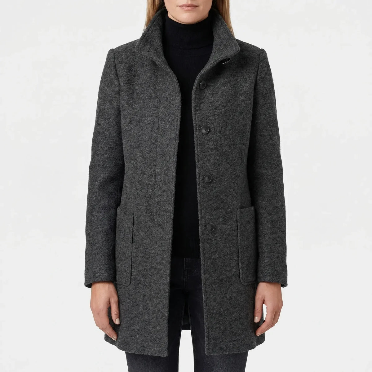 Women's Mid-Length Coat - Stand-Up Collar with Single-Breasted Buttons