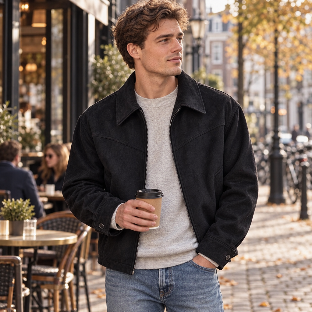 Men's Suede-Look Short Jacket with Turndown Collar