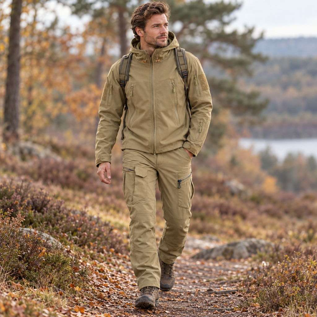 Men's Outdoor Set - Padded Winter Jacket with Hood and Cargo Pants