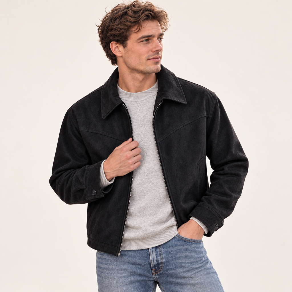 Men's Suede-Look Short Jacket with Turndown Collar