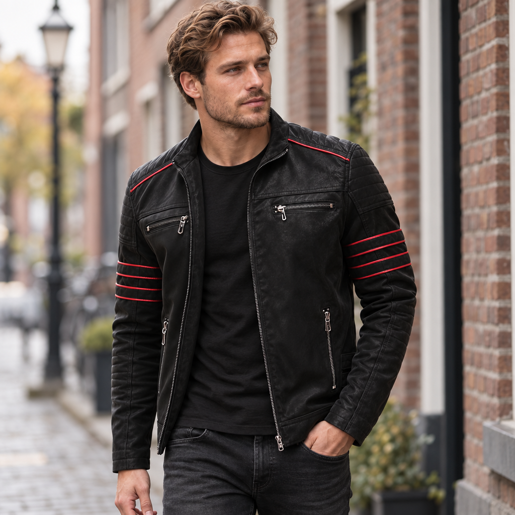 Men's Biker Jacket in Faux Leather with Contrast Stripe Detail